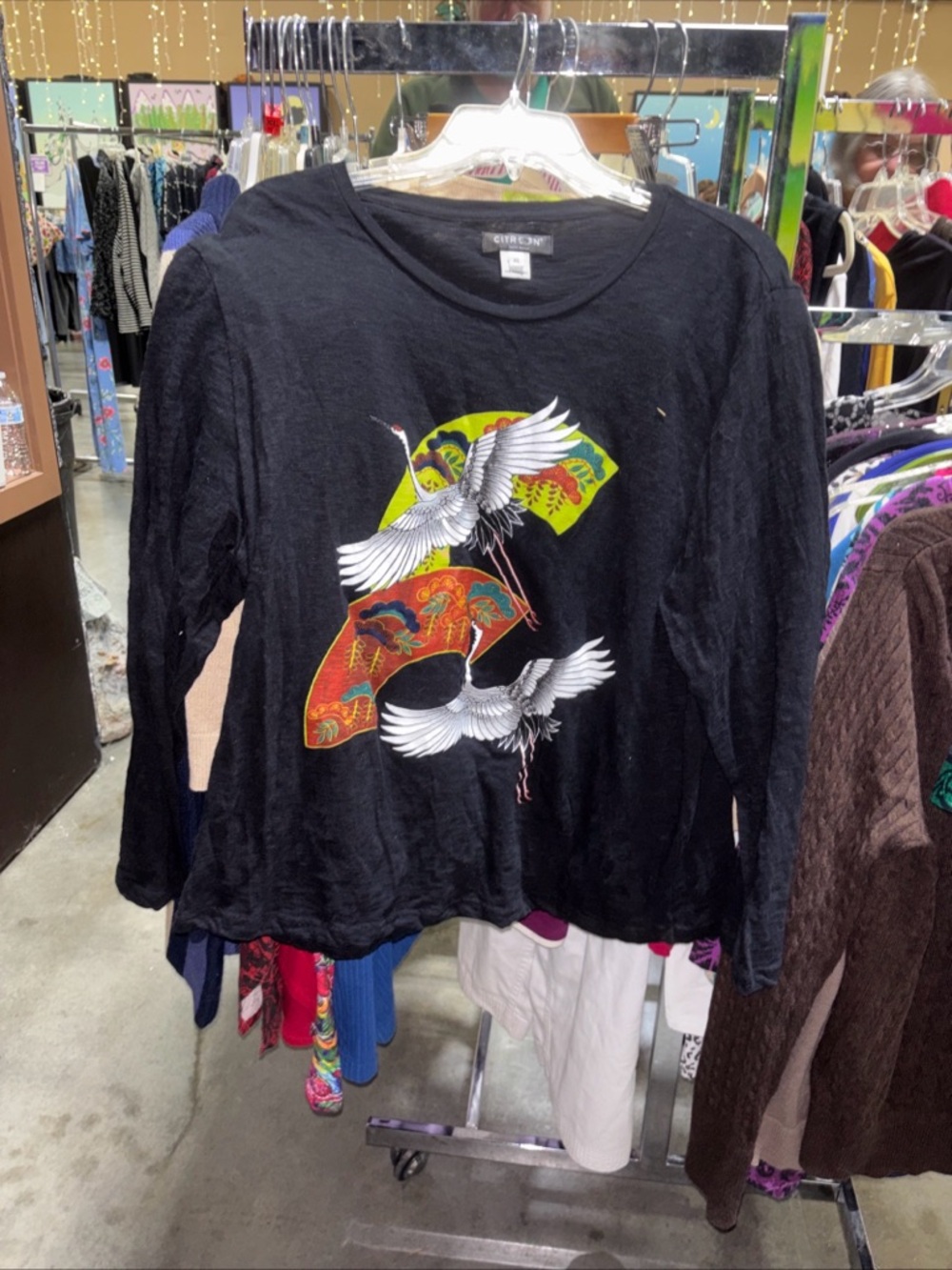 Orient Black Long-Sleeve Graphic Tee with Crane Motif